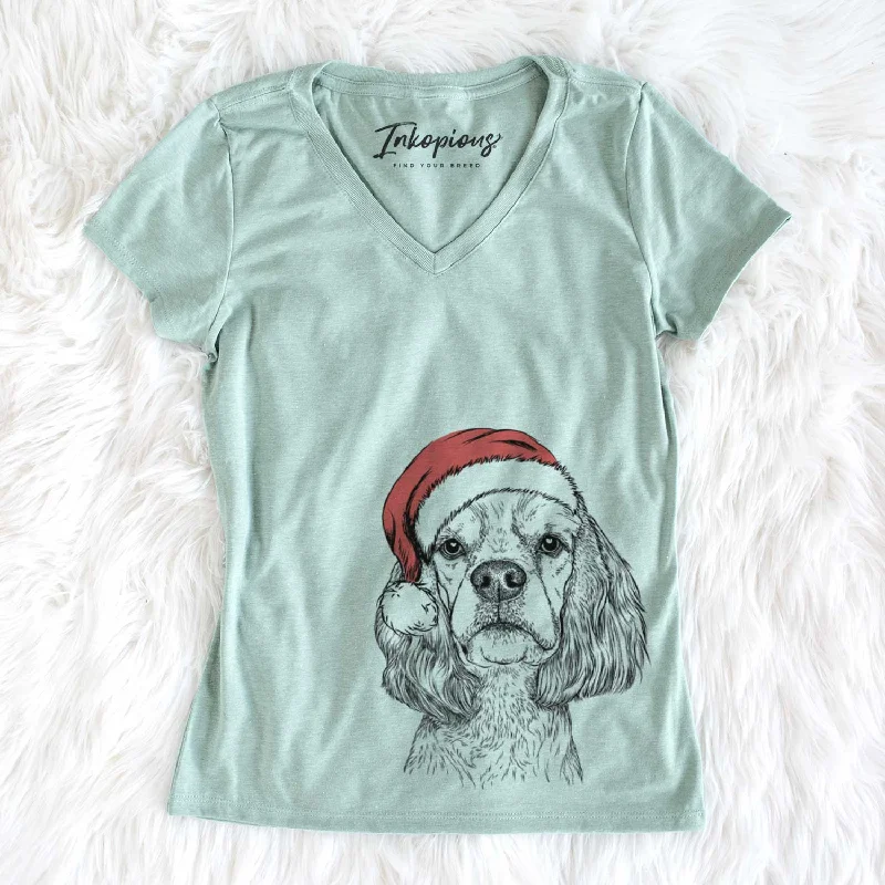 Santa Oakley the American Cocker Spaniel - Women's V-neck Shirt-- Cotton Fabric Linen Fabric Terry Fabric Santa Oakley the American Cocker Spaniel - Women's V-neck Shirt-- Cotton Fabric Linen Fabric Terry Fabric