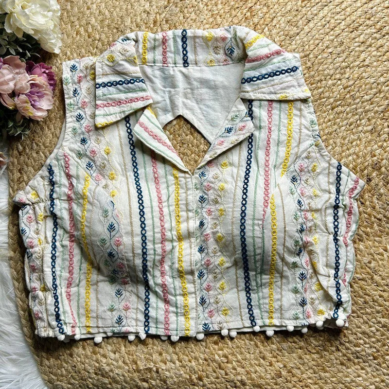 Women's White Colour Khadi Cotton Readymade Blouse Airy Cotton Blouse