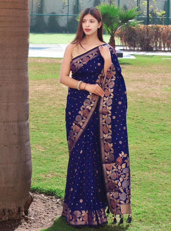 Women Banarasi Silk Woven Saree With Blouse Piece Double Button Blouse