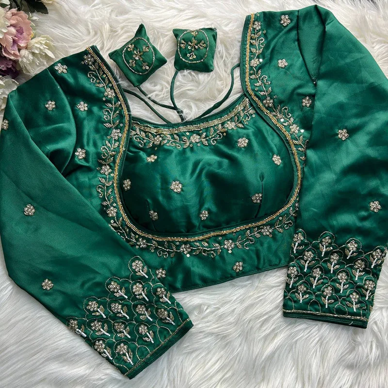 Women's Green Colour Soft Silk Readymade Blouse Bell Sleeve Blouse