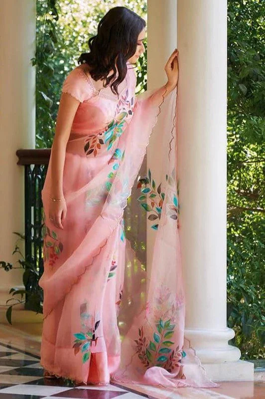 Women's Organza Digital print Aari Work Peach Saree With Blouse Piece Subtle Shimmer Blouse