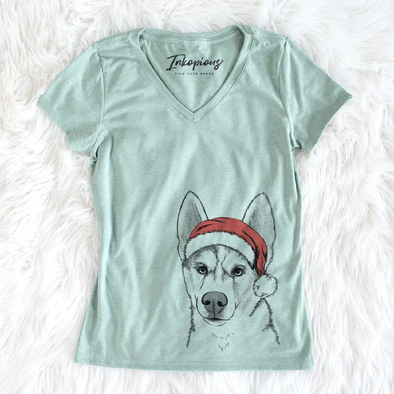 Santa Odin the Siberian Husky - Women's V-neck Shirt-- Faux Fur Fabric Real Fur Fabric Shearling Fabric Santa Odin the Siberian Husky - Women's V-neck Shirt-- Faux Fur Fabric Real Fur Fabric Shearling Fabric