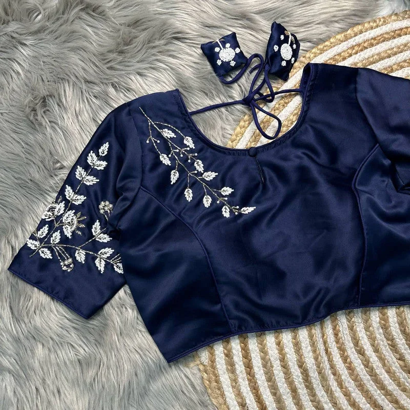 Women's Navy Blue Colour Pure Silk Readymade Blouse Feminine Puff Blouse