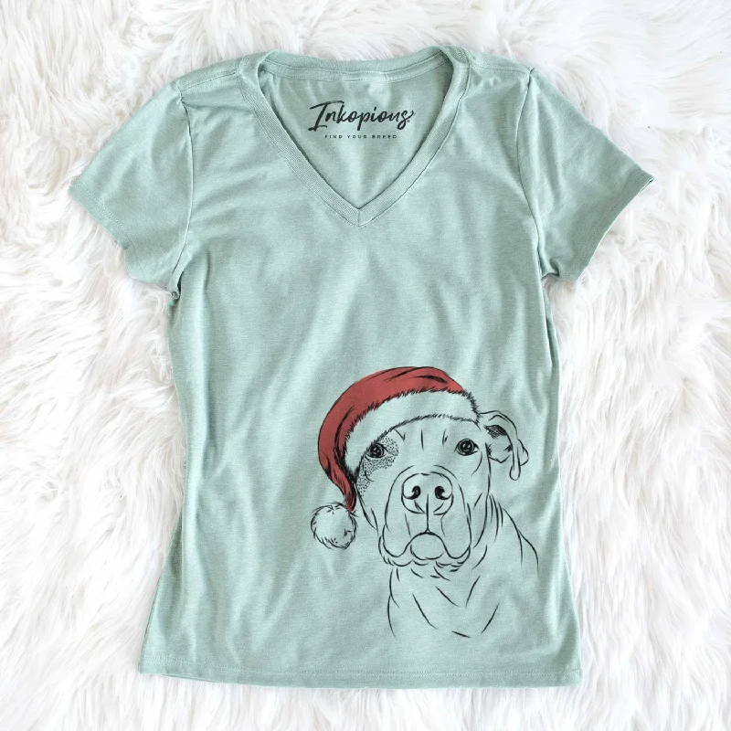 Santa Gummy the Pitbull - Women's V-neck Shirt-- Solid Print Embellished