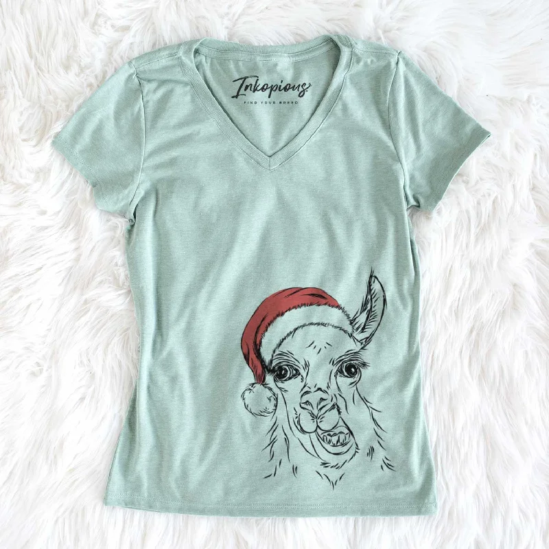 Santa Larry the Llama - Women's V-neck Shirt-- Notch Collar Peter Pan Collar Cowl Neck Santa Larry the Llama - Women's V-neck Shirt-- Notch Collar Peter Pan Collar Cowl Neck