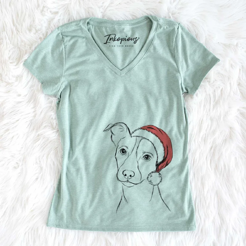 Santa Max the Jack Russell Terrier - Women's V-neck Shirt-- Beaded Sequined Faux Fur Santa Max the Jack Russell Terrier - Women's V-neck Shirt-- Beaded Sequined Faux Fur