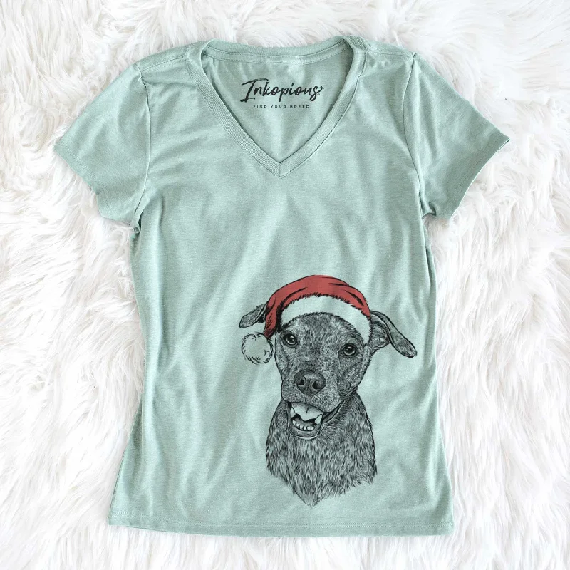 Santa Kirby the Mountain Cur Mix - Women's V-neck Shirt-- Spandex Blend Rayon Blend Denim Blend Santa Kirby the Mountain Cur Mix - Women's V-neck Shirt-- Spandex Blend Rayon Blend Denim Blend