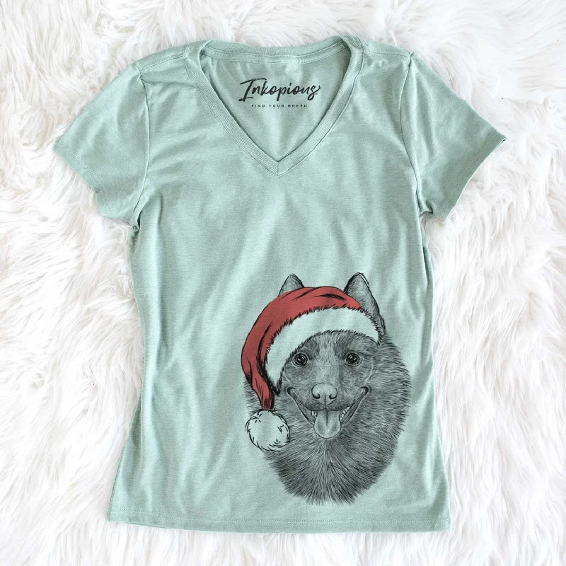 Santa Sander the Schipperke - Women's V-neck Shirt-- Mesh Blend Leather Blend Suede Blend Santa Sander the Schipperke - Women's V-neck Shirt-- Mesh Blend Leather Blend Suede Blend