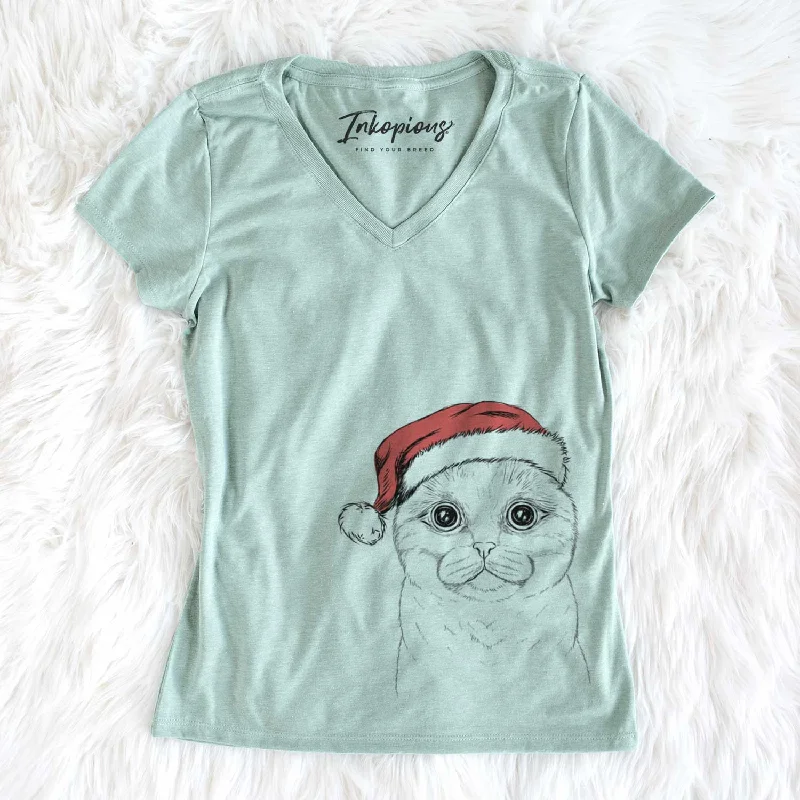 Santa Neko the Scottish Fold Cat - Women's V-neck Shirt-- Striped Floral Plaid