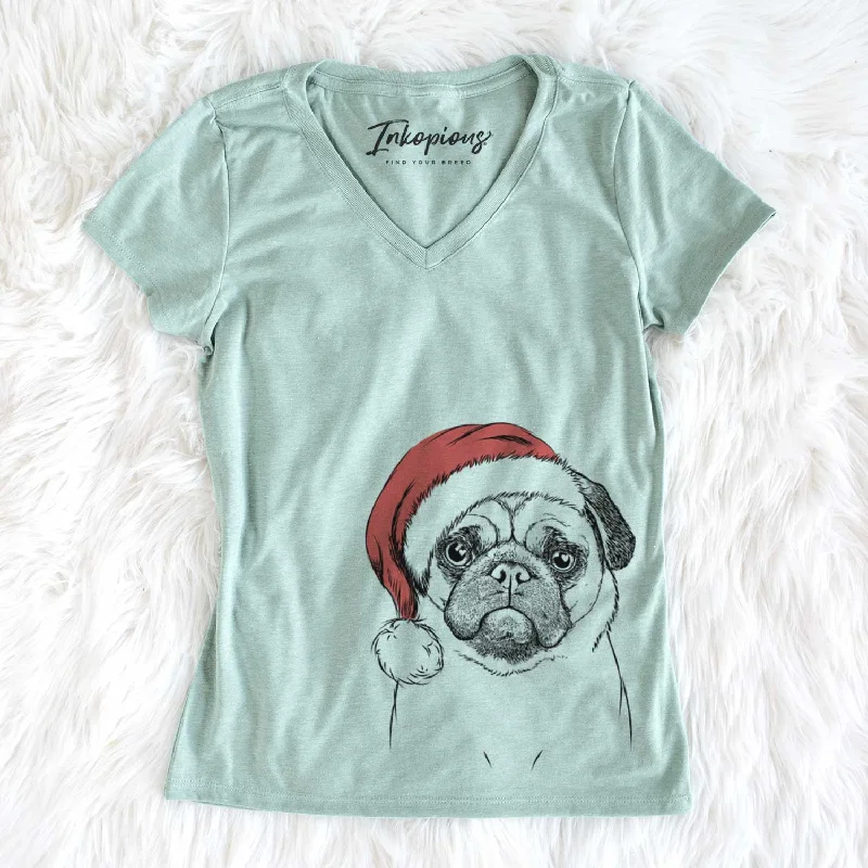 Santa Ruby the Pug - Women's V-neck Shirt-- Jersey Fabric Tulle Fabric Batik Fabric