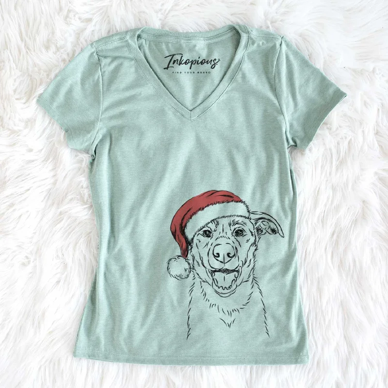 Santa Noah the Border Collie - Women's V-neck Shirt-- Embroidered Appliqued Beaded