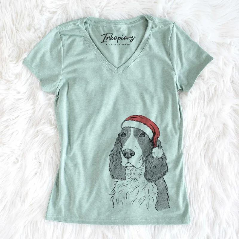 Santa Quincy the English Springer Spaniel - Women's V-neck Shirt-- Mesh Blend Leather Blend Suede Blend Santa Quincy the English Springer Spaniel - Women's V-neck Shirt-- Mesh Blend Leather Blend Suede Blend