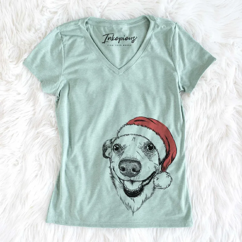 Santa Petrah the Staffy Mix - Women's V-neck Shirt-- Graphic T-Shirt Round Neck Polyester Santa Petrah the Staffy Mix - Women's V-neck Shirt-- Graphic T-Shirt Round Neck Polyester