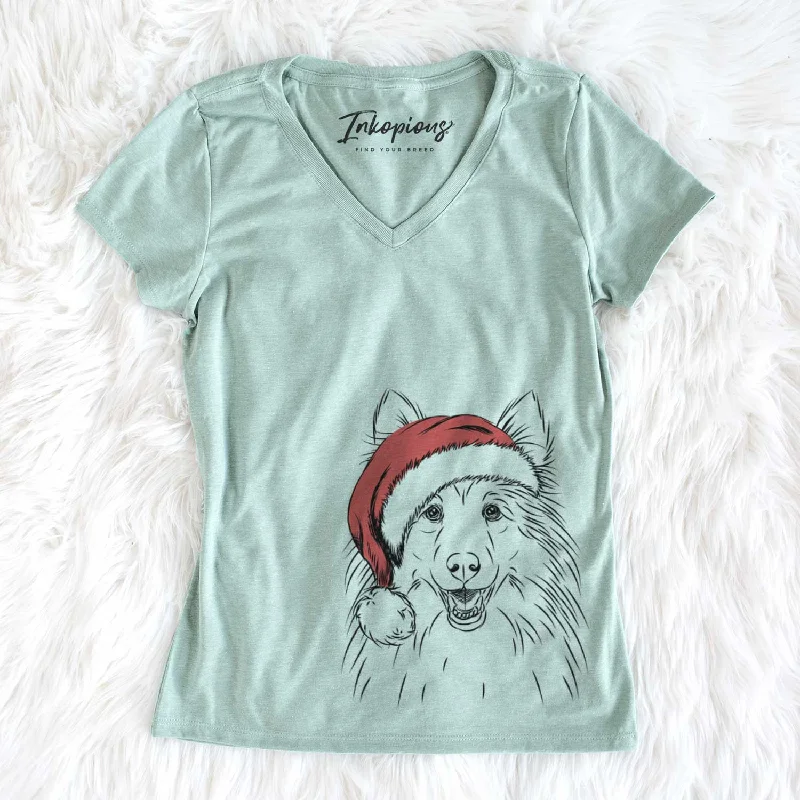 Santa Sheldon the Shetland Sheepdog - Women's V-neck Shirt-- Mesh Canvas Denim