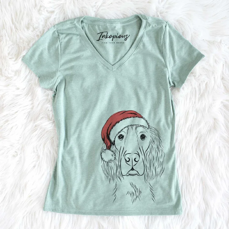 Santa Piper the Irish Setter - Women's V-neck Shirt-- Jersey Fabric Tulle Fabric Batik Fabric Santa Piper the Irish Setter - Women's V-neck Shirt-- Jersey Fabric Tulle Fabric Batik Fabric