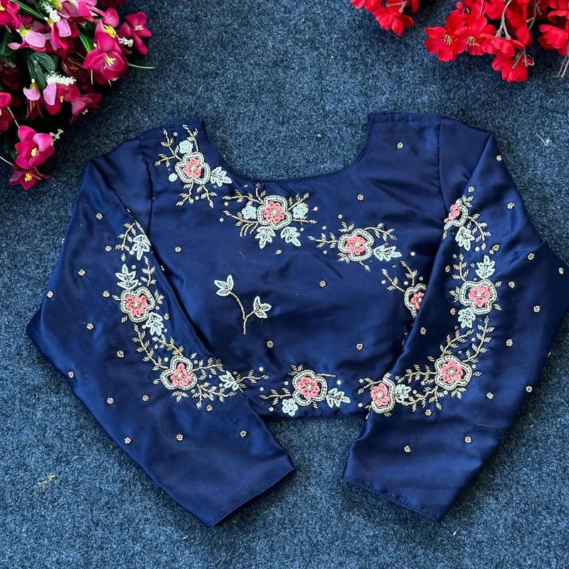 Women's Navy Blue Colour Silk Readymade Blouse Frilled Cuff Blouse