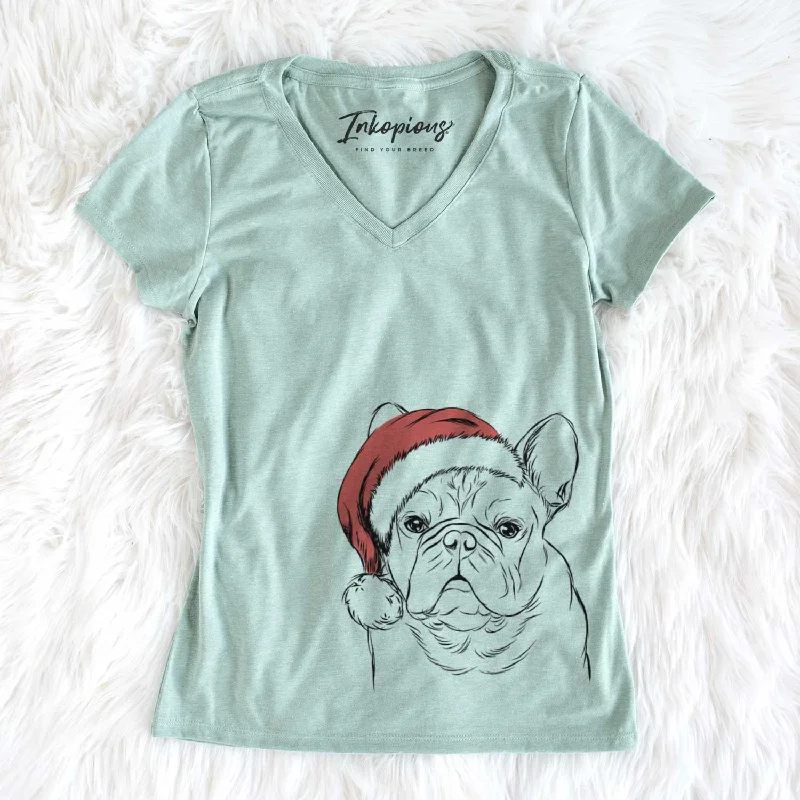 Santa Fudge the French Bulldog - Women's V-neck Shirt-- Anti-Pilling Machine Wash Handmade