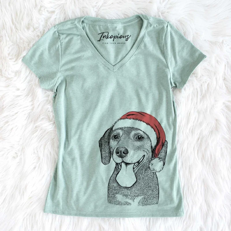 Santa Scarlett the Beagle - Women's V-neck Shirt-- Silk Blend Satin Velvet