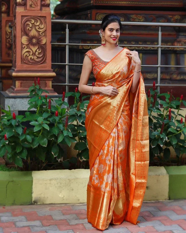 Women Banarasi Silk Woven Saree With Blouse Piece Chic Off-Shoulder Blouse