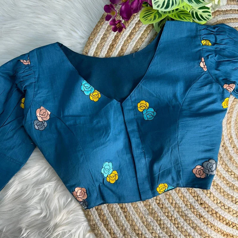 Women's Blue Colour Khadi Cotton Readymade Blouse Office Formal Blouse