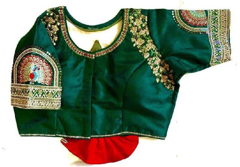 Women's Green Colour Shining silk Readymade Blouse Collared Satin Blouse