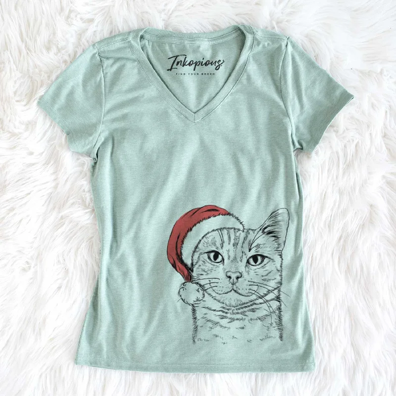 Santa Ginger Tom the Tabby Cat - Women's V-neck Shirt-- Collared Crew Neck Turtle Neck