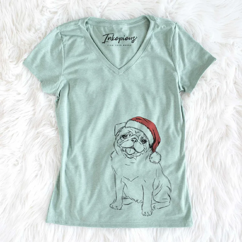 Santa Higgins the Pug - Women's V-neck Shirt-- Striped Floral Plaid