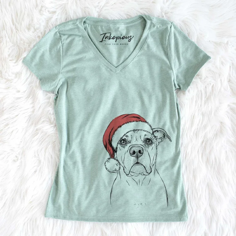 Santa KiaOra the Pitbull Mix - Women's V-neck Shirt-- Houndstooth Herringbone Solid