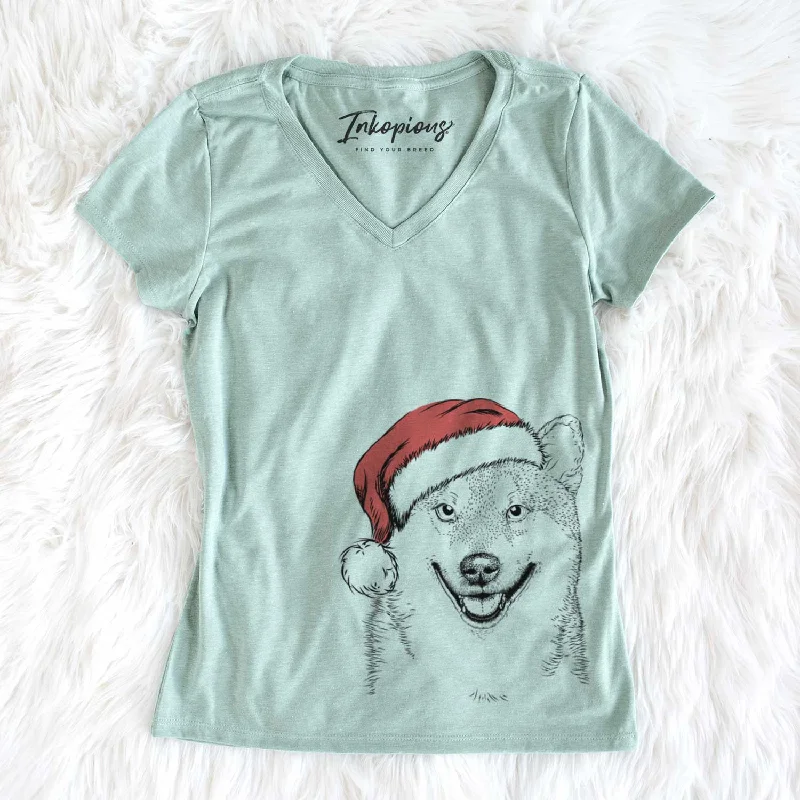 Santa Mitsu the Shiba Inu - Women's V-neck Shirt-- Asymmetrical Pockets Print