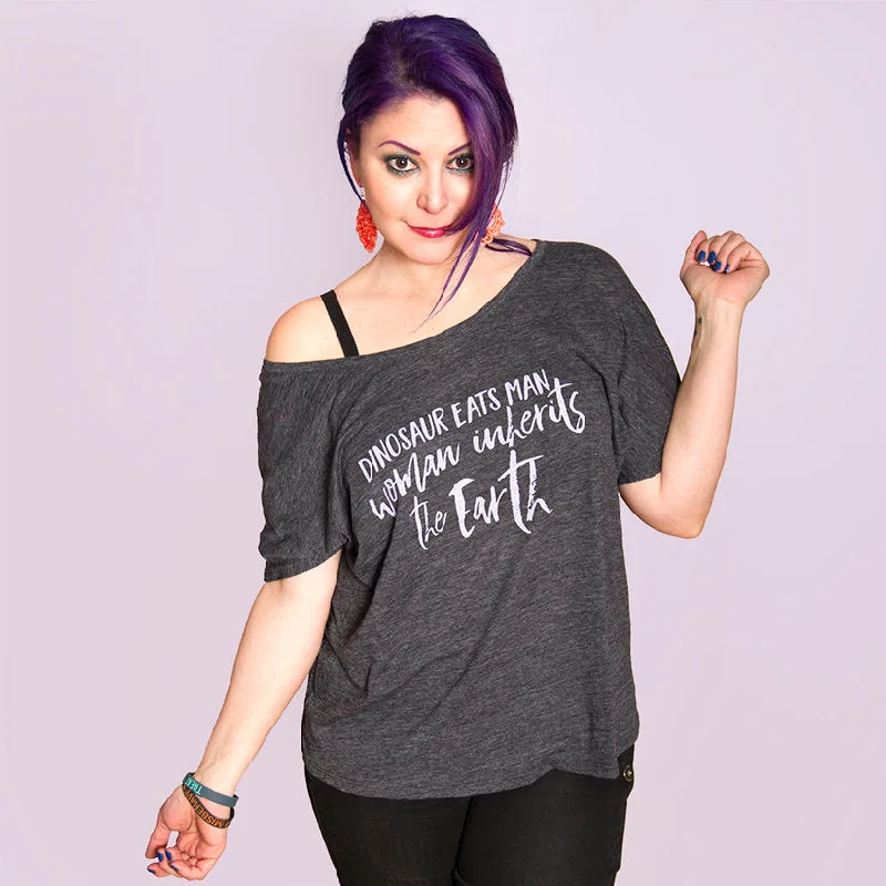 DINOSAUR EATS MAN Bella+Canvas Women's Slouchy Shirt-- Denim Fabric Leather Fabric Suede Fabric DINOSAUR EATS MAN Bella+Canvas Women's Slouchy Shirt-- Denim Fabric Leather Fabric Suede Fabric