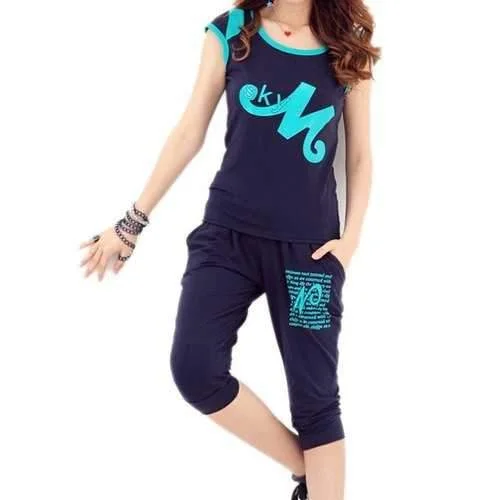 Active Scoop Neck Letter Print Short Sleeve T-Shirt and Lace-Up Pants Twinset For Women - Sapphire Blue L-- Welt Pockets Slit Pockets Active Scoop Neck Letter Print Short Sleeve T-Shirt and Lace-Up Pants Twinset For Women - Sapphire Blue L-- Welt Pockets Slit Pockets