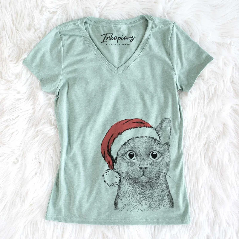 Santa Shadow the Black Cat - Women's V-neck Shirt-- Anti-Shrink Durable Soft