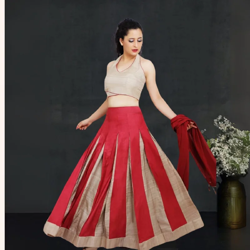 Urvi Tussar Panelled Lehenga Set | Halter Neck Blouse |  Modern Twist | Red & Beige Asymmetric Hem Blouse