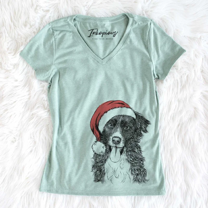 Santa Indi the Border Collie - Women's V-neck Shirt-- Seamless Knitted Crochet