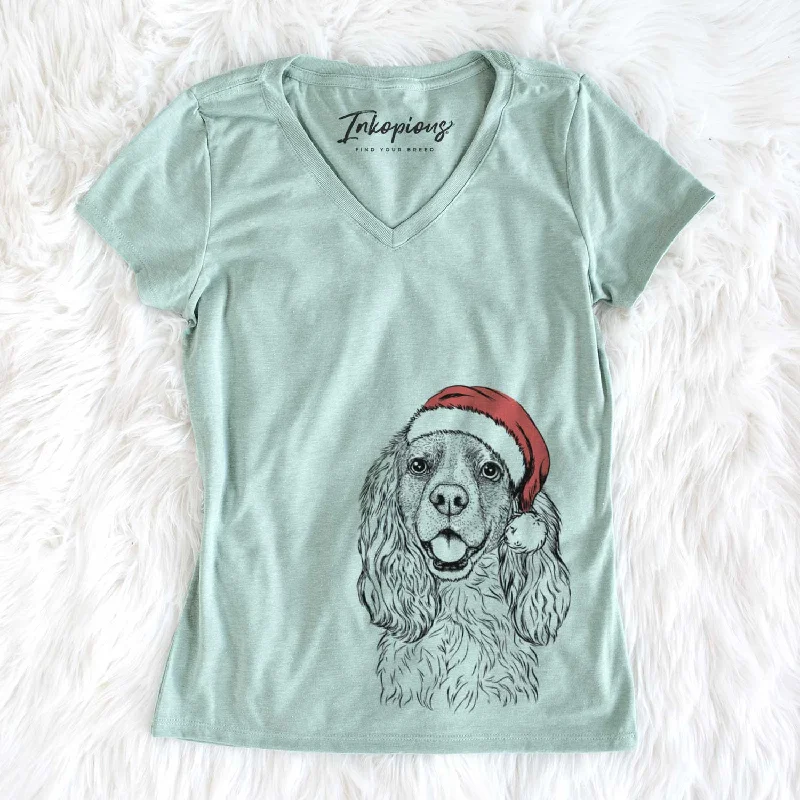 Santa Perry the Cockalier - Women's V-neck Shirt-- Solid Color Striped Floral