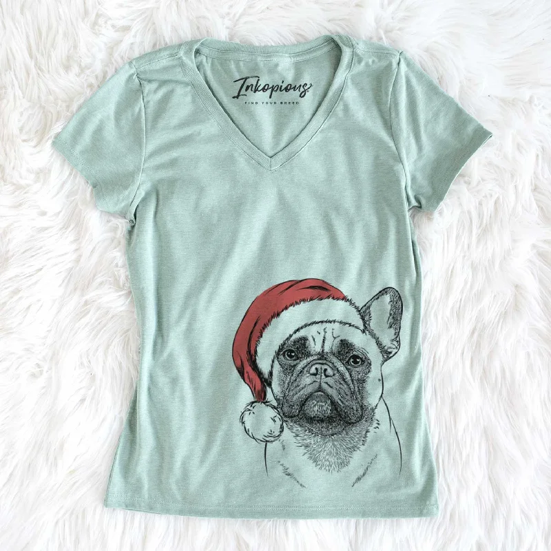 Santa Kingsleigh the French Bulldog - Women's V-neck Shirt-- Striped Floral Plaid
