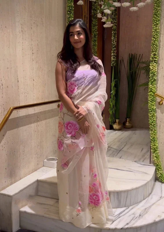 Women's Organza Digital print Sequence White Saree With Blouse Piece Mandarin Collar Blouse