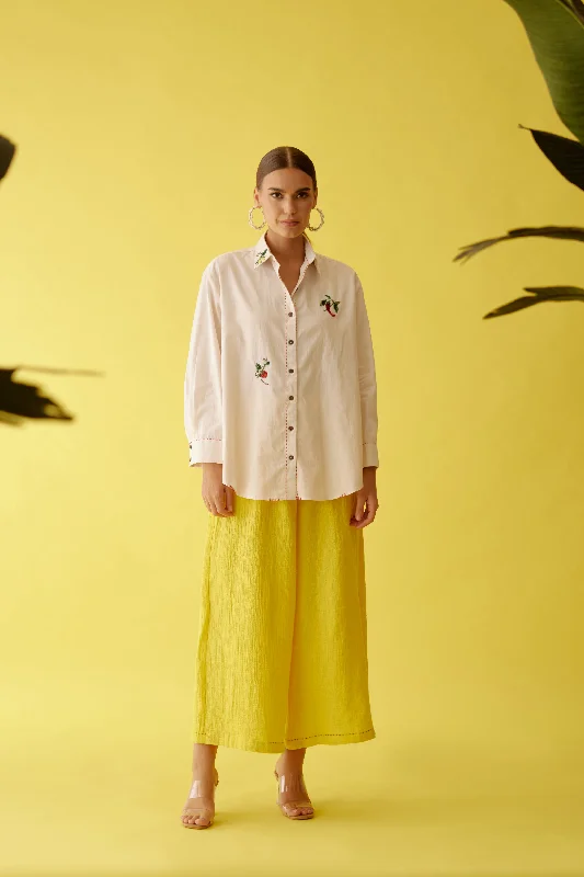 Cream Hand Embroidered Chilli Applique Shirt-- Ribbed T-Shirt High Neck Heavyweight
