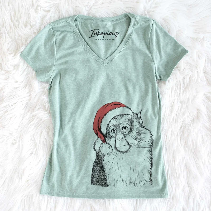 Santa Matata the Mona Monkey - Women's V-neck Shirt-- Mesh Blend Leather Blend Suede Blend Santa Matata the Mona Monkey - Women's V-neck Shirt-- Mesh Blend Leather Blend Suede Blend