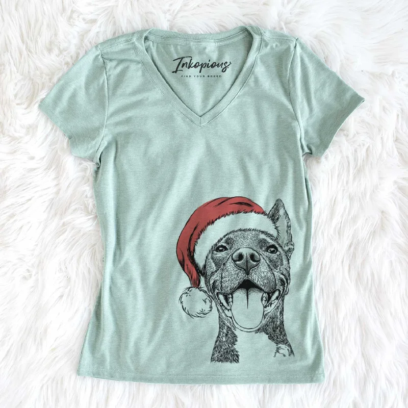 Santa Milo the Pitbull Mix - Women's V-neck Shirt-- Hooded Caped Shawl Collar
