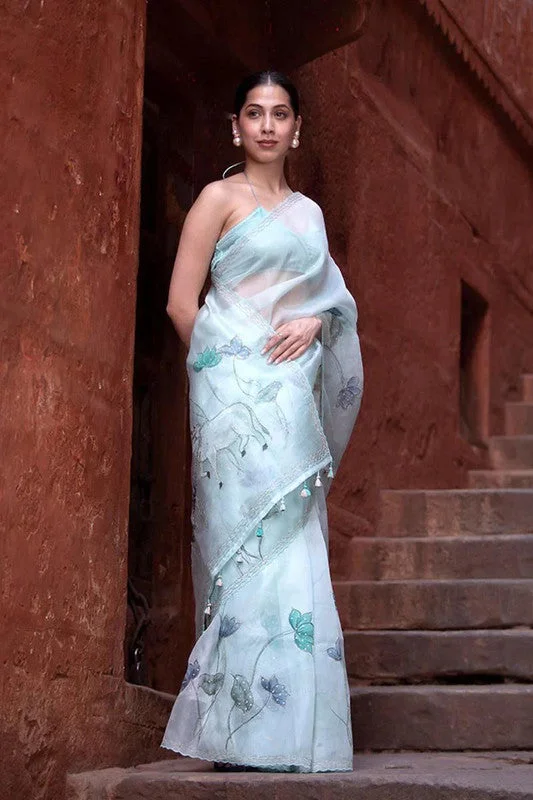 Women's Organza Digital print Hand Work Ice Blue Saree With Blouse Piece Modern Work Blouse