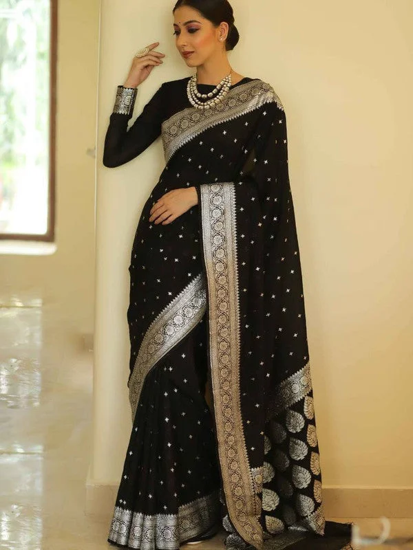 Women Banarasi Silk Woven Saree With Blouse Piece Peter Pan Collar Blouse