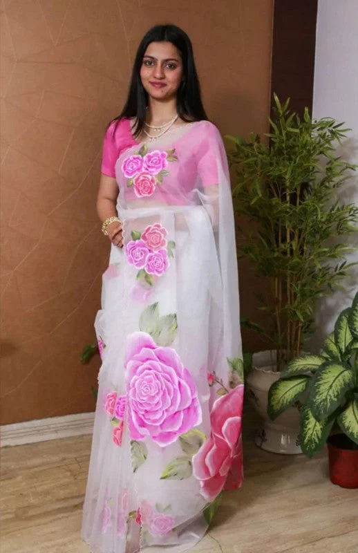 Women's Organza Digital print Aari Work White Saree With Blouse Piece Off-Shoulder Wrap Blouse