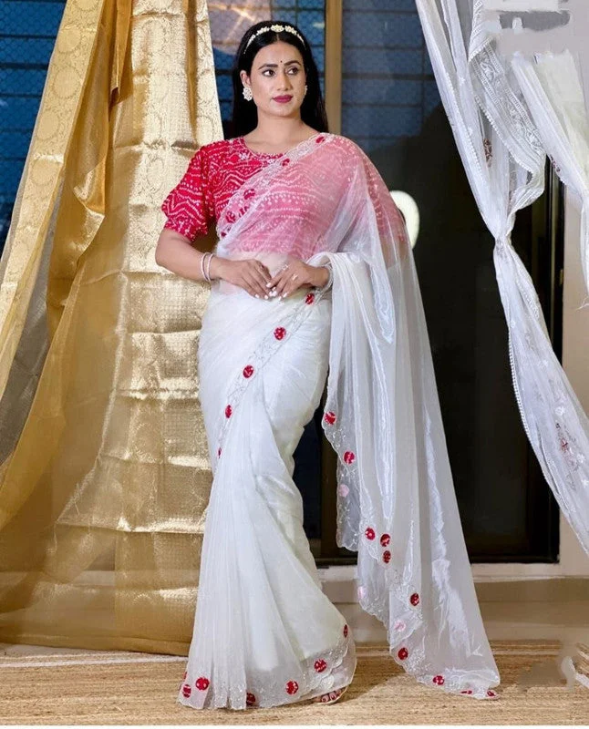 Women's Organza Digital print Hand Work White Saree With Blouse Piece Sweetheart Neck Blouse