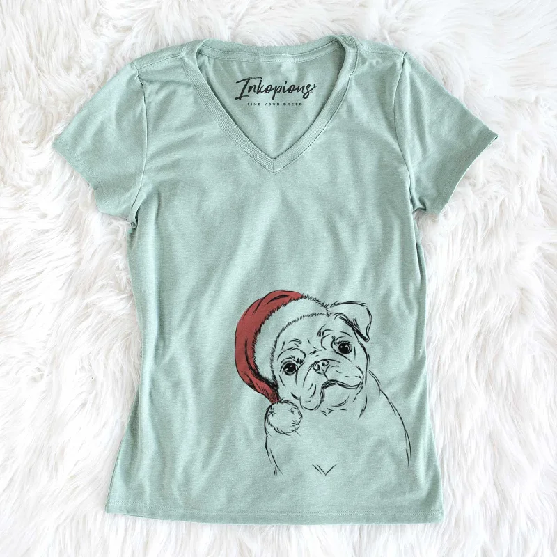 Santa Otis the Pug - Women's V-neck Shirt-- Spandex Blend Rayon Blend Denim Blend