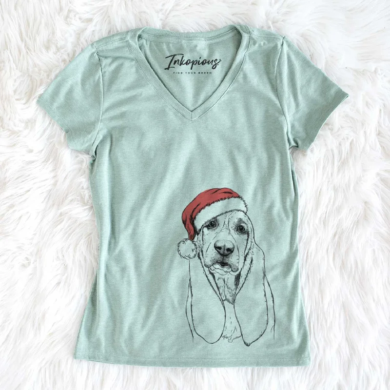 Santa Rolo the Basset Hound - Women's V-neck Shirt-- Hooded Caped Shawl Collar