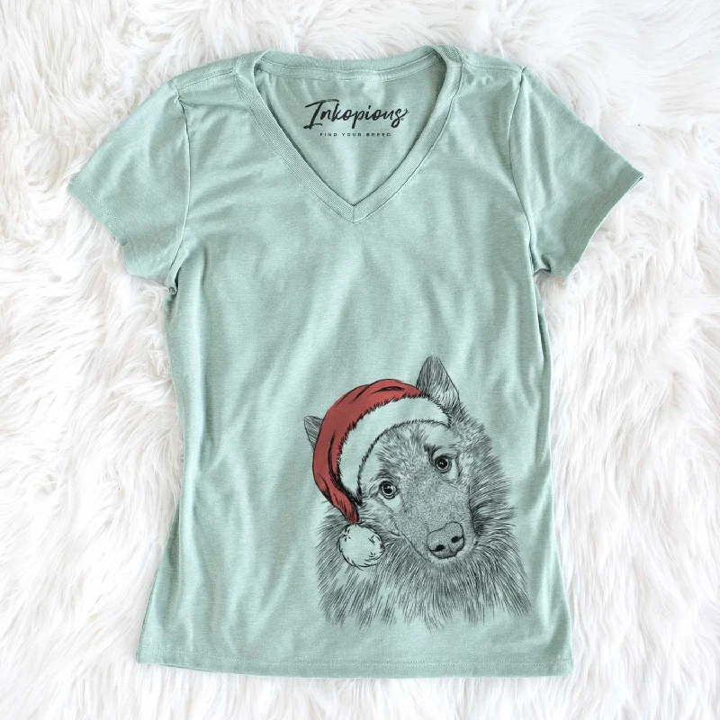Santa Mr. Maverick the Keeshond - Women's V-neck Shirt-- Zippered Front Buttoned Front Snap Front Santa Mr. Maverick the Keeshond - Women's V-neck Shirt-- Zippered Front Buttoned Front Snap Front