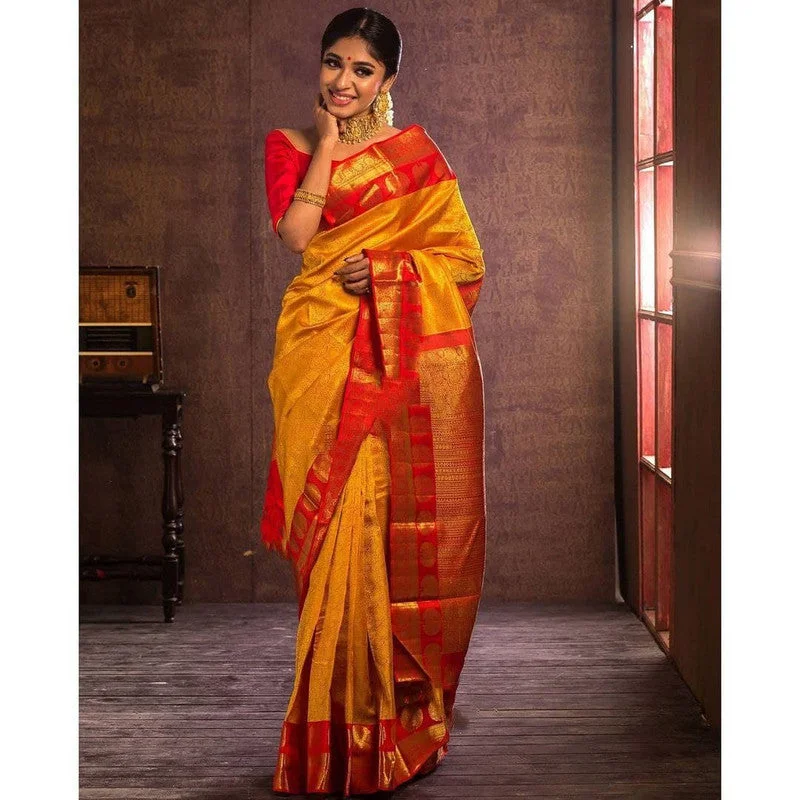 Women Banarasi Silk Woven Saree With Blouse Piece Soft Satin Blouse