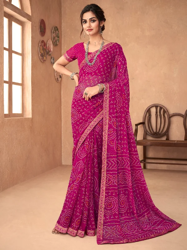 Women's Chiffon Pink Embellished Designer Saree With Blouse Piece Sheer Mesh Blouse
