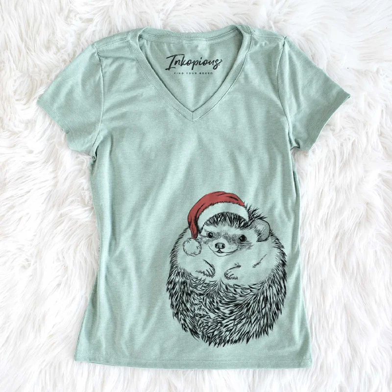 Santa Sid the Hedgehog - Women's V-neck Shirt-- Zippered Buttoned Snapped